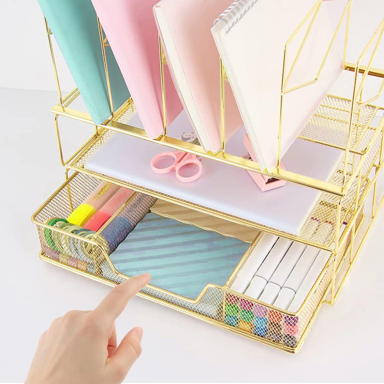 Youbetia Desk Organizers and Accessories - Double Tray and 5 Upright Sections, Office Supplies Desk Organizer with Drawer, File Office Organization with Binder Clips, Gold - Image 7